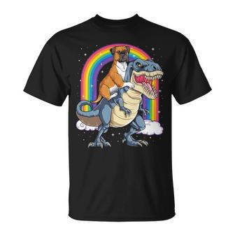 Boxer Riding Dinosaur T Rex Dog Lover Boys Kids Rainbow T-Shirt | Mazezy