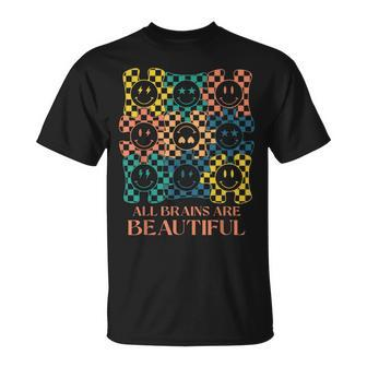 All Brains Are Beautiful Smile Face Autism Awareness Groovy T-Shirt | Mazezy