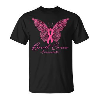 Breast Cancer Awareness Pink Butterfly Pink Ribbon Women T-Shirt - Monsterry