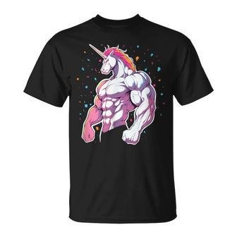 Buff Big Muscle Unicorn Illustration Strong Gym T-Shirt - Monsterry