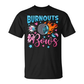 Burnouts Or Bows Gender Reveal Party Ideas Baby Announcement T-Shirt - Seseable