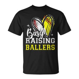 Busy Raising Ballers Heart Softball Baseball Mom T-Shirt - Monsterry
