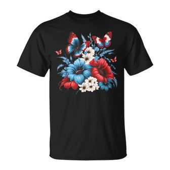 Butterfly Flowers Red White And Blue 4Th Of July Patriotic T-Shirt - Monsterry UK
