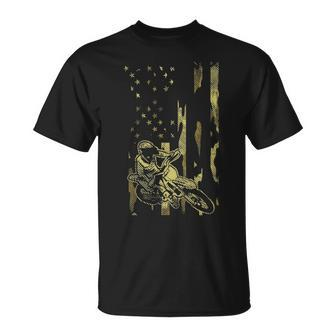 Camo American Flag Dirt Bike Vintage Motocross Racing T-Shirt | Mazezy