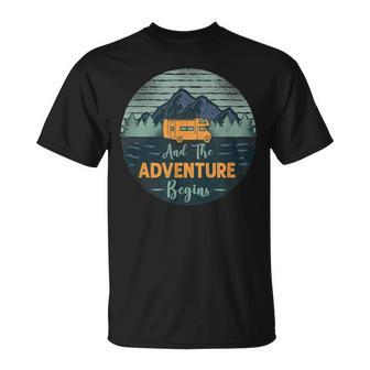 Camping And The Adventure Begins Motorhome Campervan T-Shirt - Thegiftio UK