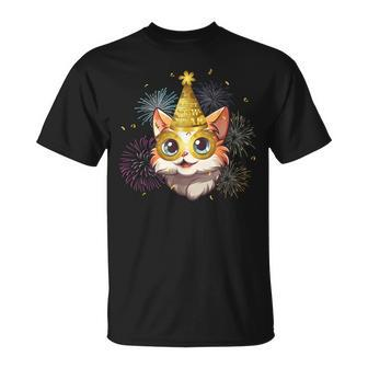 Cat New Year's Eve Party Happy New Year 2024 Fireworks T-Shirt - Monsterry