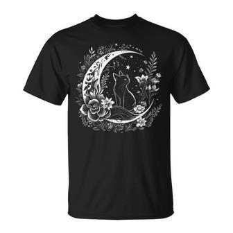 Cat Sitting On Crescent Moon Flowers Stars Drawing Women T-Shirt - Monsterry AU