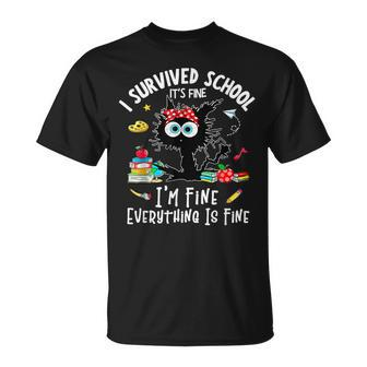 Cat I Survived School It's Fine I'm Fine Everythings Is Fine T-Shirt | Mazezy UK