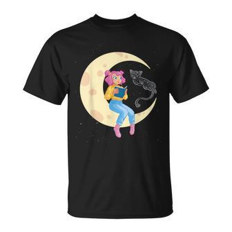 Celestial Cat And Girl Reading Book Read Moon T-Shirt - Monsterry UK