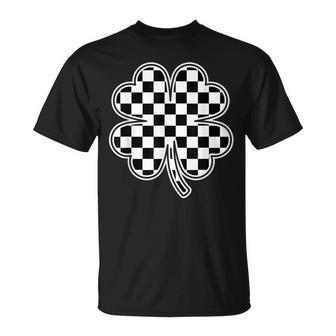 Checkered Four Leaf Clover Race Car Gamer St Patrick's Day T-Shirt - Seseable
