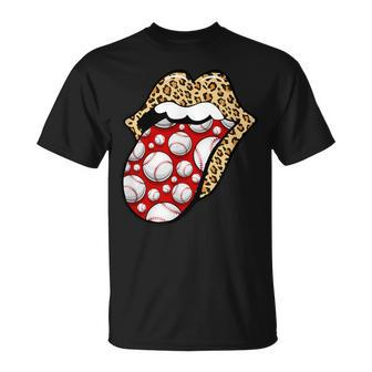 Cheetah Print Lips With Red White Baseball Tongue T-Shirt - Monsterry DE