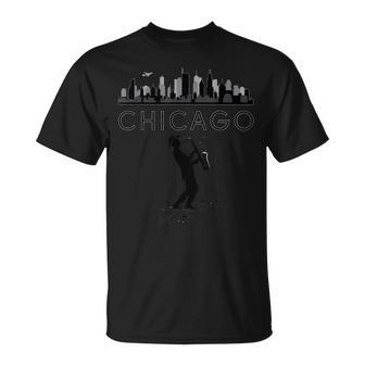 Chicago Skyline Home Of Jazz Music Silhouette Saxophone T-Shirt | Mazezy