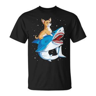 Chihuahua Riding Shark Jawsome Dog Lover Space Galaxy T-Shirt | Mazezy