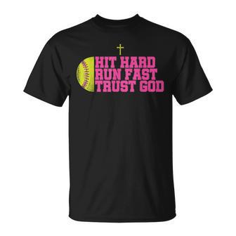 Christian Softball Hit Hard Run Fast Trust God Softball T-Shirt - Seseable