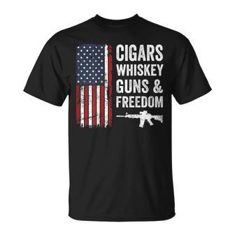 Cigars Whiskey Guns & Freedom Usa Flag 4Th Of July Back T-Shirt - Monsterry