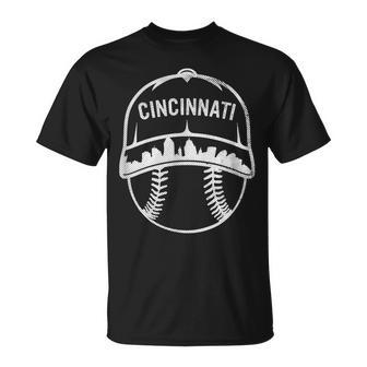 Cincinnati Baseball Cap Cityscape Skyline City Retro Style T-Shirt - Seseable