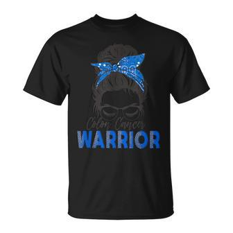 Colon Cancer Warrior Bleached Messy Bun Survivor Believe T-Shirt - Thegiftio UK