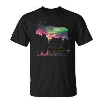 Colorful Moose Elk Silhouette Aurora Borealis Polar Lights T-Shirt - Monsterry UK
