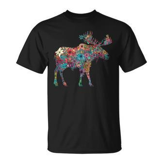 Colorful Moose Flower Animal Winter Mountains Wildlife Moose T-Shirt - Monsterry