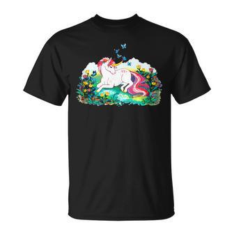 Colorful Unicorn Laying In A Flower Filled Field T-Shirt - Monsterry CA