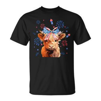 Coquette Highland Cow 4Th Of July Patriotic Cute Animal T-Shirt - Seseable