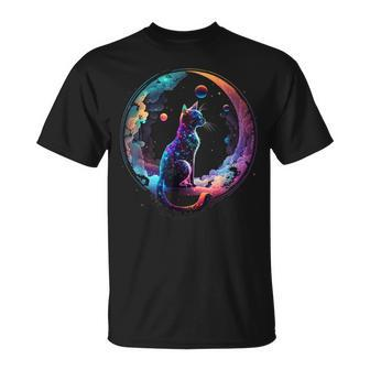Cosmic Cat Cool Colorful Crescent Moon And Clouds Kitten T-Shirt - Monsterry