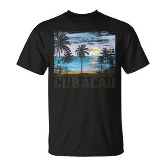 Curacao Vintage Palm Trees Surfer Caribbean Souvenir Gray T-Shirt - Seseable