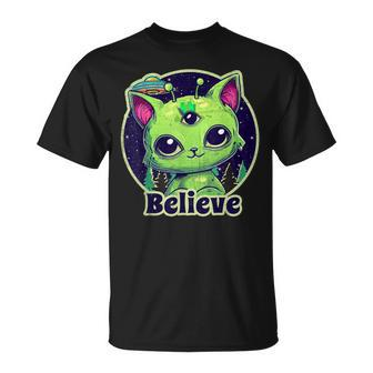 Cute Alien Cat Belive In Ufo Kawaii T-Shirt - Seseable