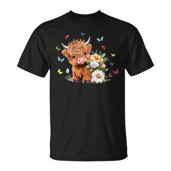 Cute Baby Highland Cow With Flowers Calf Animal Spring T-Shirt - Monsterry CA