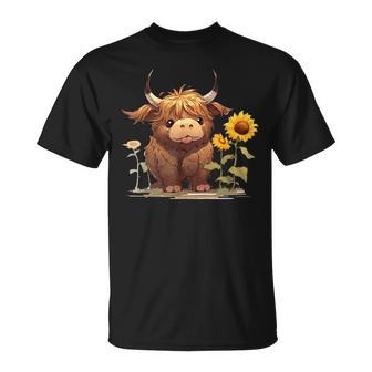 Cute Baby Highland Cow With Sunflowers Calf Animal Farm T-Shirt - Seseable