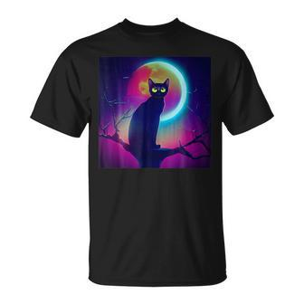 Cute Black Cat Spooky Yellow Purple Full Moon Logo T-Shirt - Monsterry DE