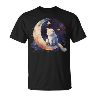 Cute Cat Crescent Moon Phases Purple Star Night Kawaii Cat T-Shirt - Monsterry UK