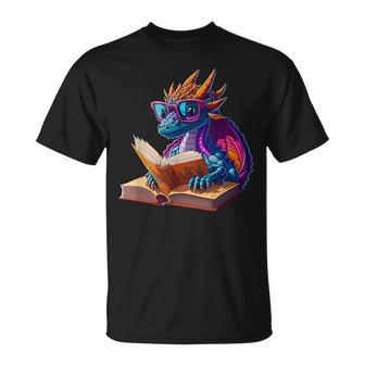 Cute Dragon Wearing Glasses Reading A Book T-Shirt - Monsterry DE