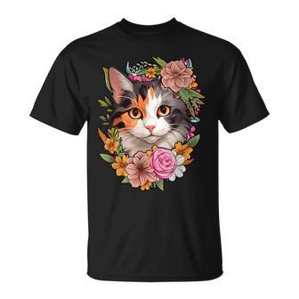 Cute Floral Calico Cat T-Shirt - Monsterry CA