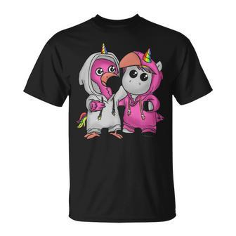 Cute Pink Flamingo Hugs Unicorn T-Shirt | Mazezy