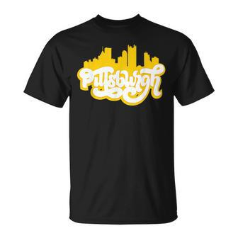 Cute Pittsburgh Skyline Black And Yellow Lettering T-Shirt - Monsterry