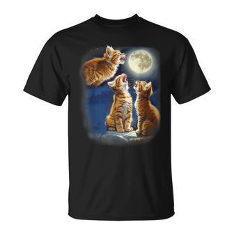 Cute Three Cat 3 Cat Moon Howling 3 Wolfs Kitten T-Shirt - Seseable