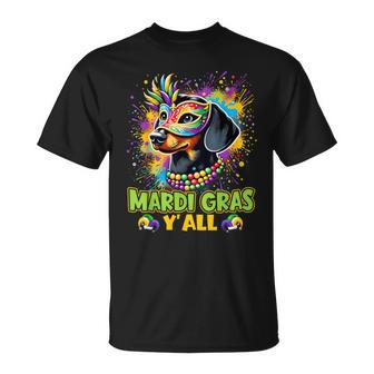 Dachshund Dog Mardi Gras Y'all With Beads Mask Colorful T-Shirt | Mazezy