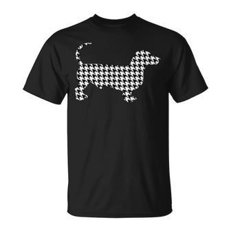 Dachshund Weenie Dog Houndstooth Pattern Black White T-Shirt - Monsterry