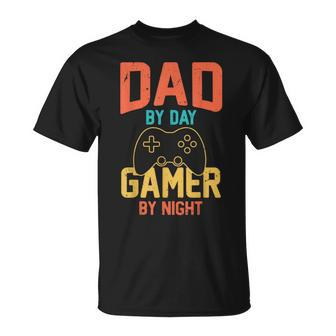 Dad By Day Gamer By Night Video Gamer Dad Fathers Day T-Shirt - Seseable