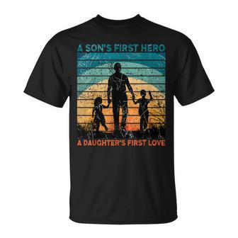 Dad Son's First Hero Daughter Love For Fathers Day T-Shirt - Seseable
