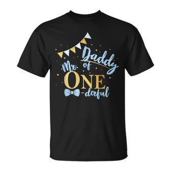 Daddy Of Mr One-Derful Party Blue-Gold Dad Boy 1St Birthday T-Shirt | Mazezy