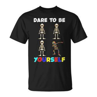 Dare To Be Yourself Autism Awareness Dabbing Skeleton T-Shirt - Monsterry CA