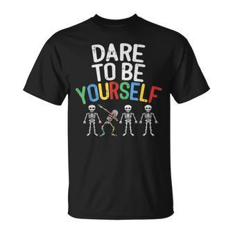 Dare To Be Yourself Autism Awareness Dabbing Skeleton T-Shirt - Monsterry