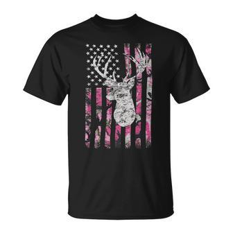 Deer Hunting Camo American Flag Pink Buck T-Shirt - Monsterry