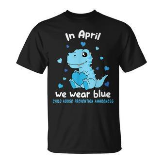 Dino In April We Wear Blue Child Abuse Prevention Awareness T-Shirt | Mazezy
