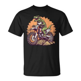 Dinosaur On Dirt Bike T-Rex Motorcycle Riding T-Shirt - Monsterry UK