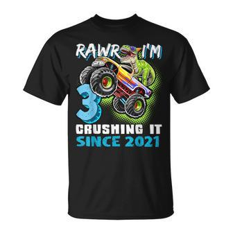 Dinosaur Monster Truck 3Rd Birthday Party Boys Rawr I'm 3 T-Shirt - Seseable