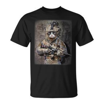 Disgruntle Cat As Army Commando In Full Tactical T-Shirt - Monsterry DE