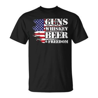 Distressed Patriotic Flag Guns Whisky Beer Freedom T-Shirt - Monsterry UK